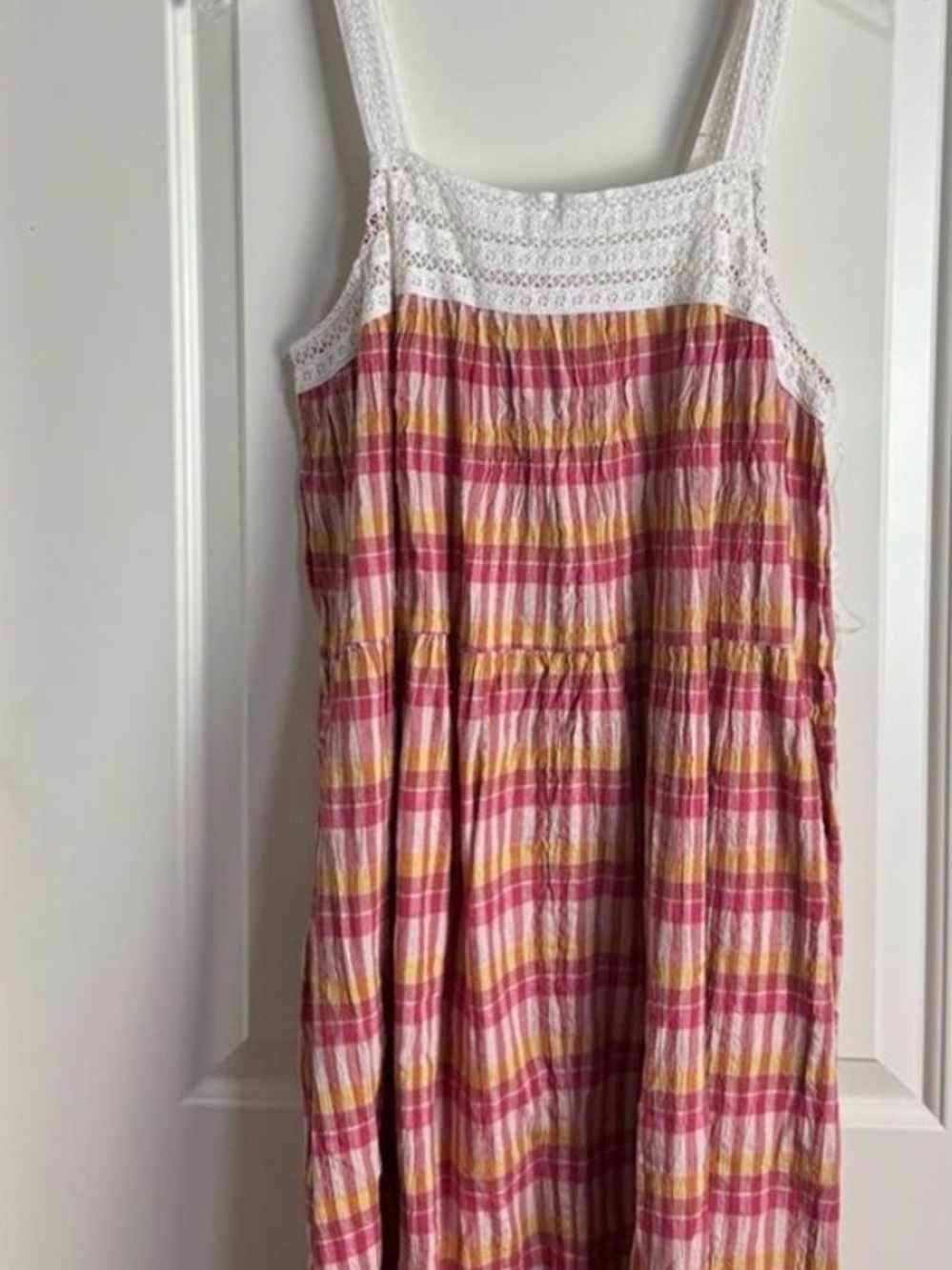 Universal Thread pink plaid square neck crochet trim sundress XL - Picture 2 of 5